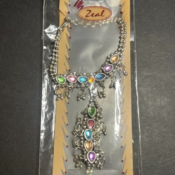 Zeal Silver Tone Colorful Gem Rhinestone Tassel Bracelet + Adjustable Ring - Picture 2 of 4